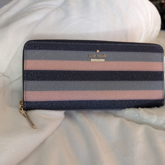 Kate Spade Blue Pink Sparkle Striped Large Zip Wallet Storybook Lining! *NWT* - Picture 3 of 8